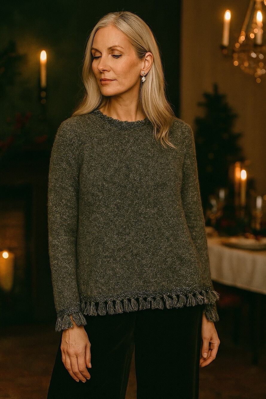 J.Mclaughlin Baby Alpaca & Merino Wool Sweater - M, Gray Metallic Tassel Winter